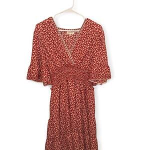 Max Studio Women's Crepe Surplice Neck Ruffled Dress, vibrant red/white, size L